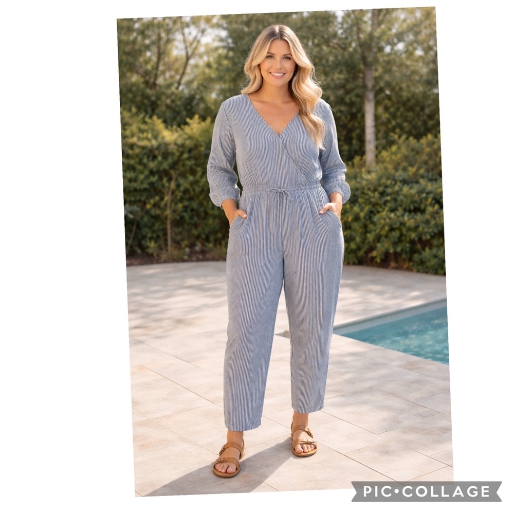 OLD NAVY WAIST-DEFINED LINEN RAYON BLEND STRIPED CROPPED JUMPSUIT